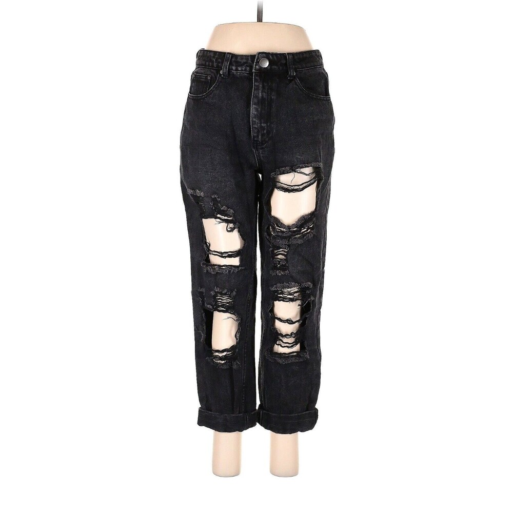 Nasty Gal Black 100% Cotton Distressed Destroyed High Waist Mom Ankle Jeans 8